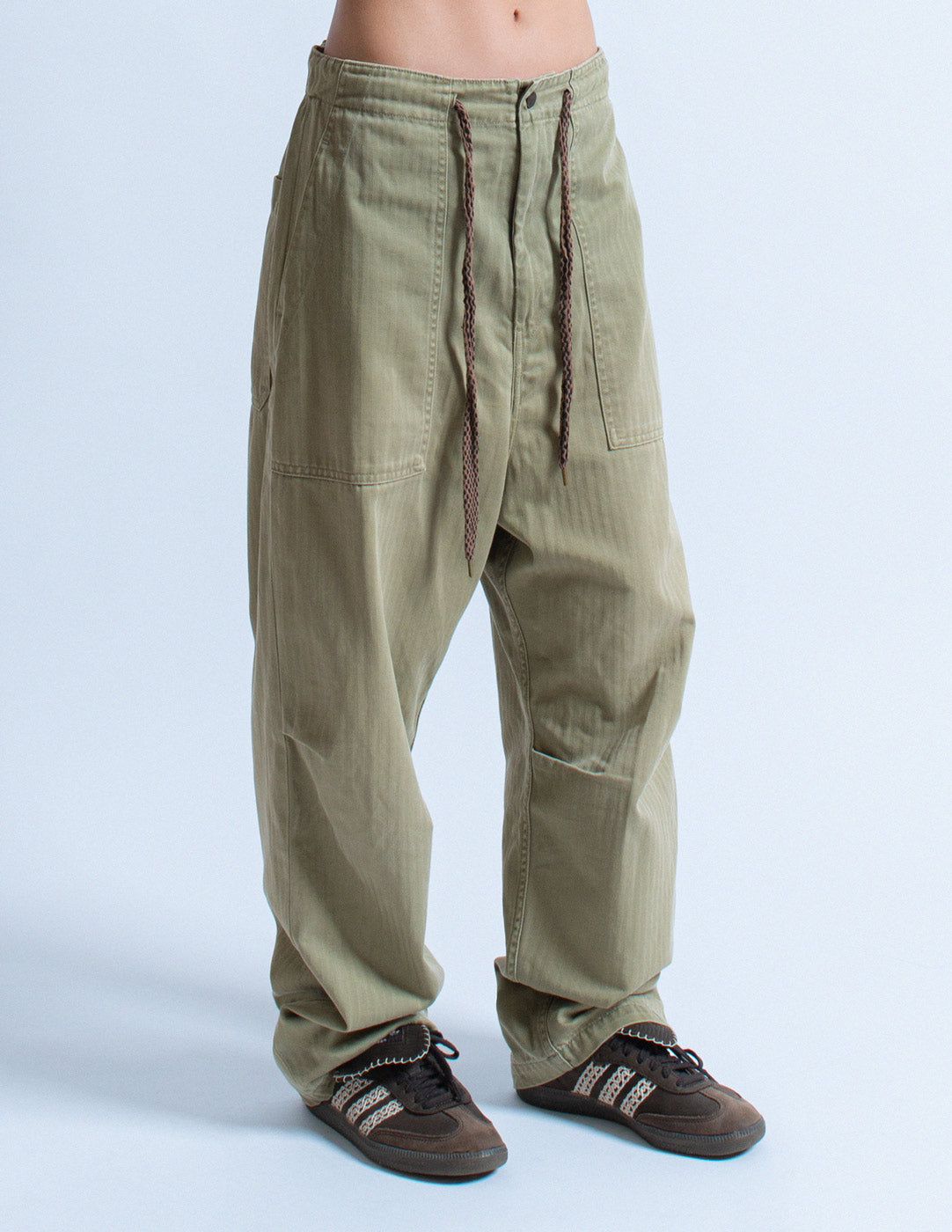 Kapital military green cargo pants front detail