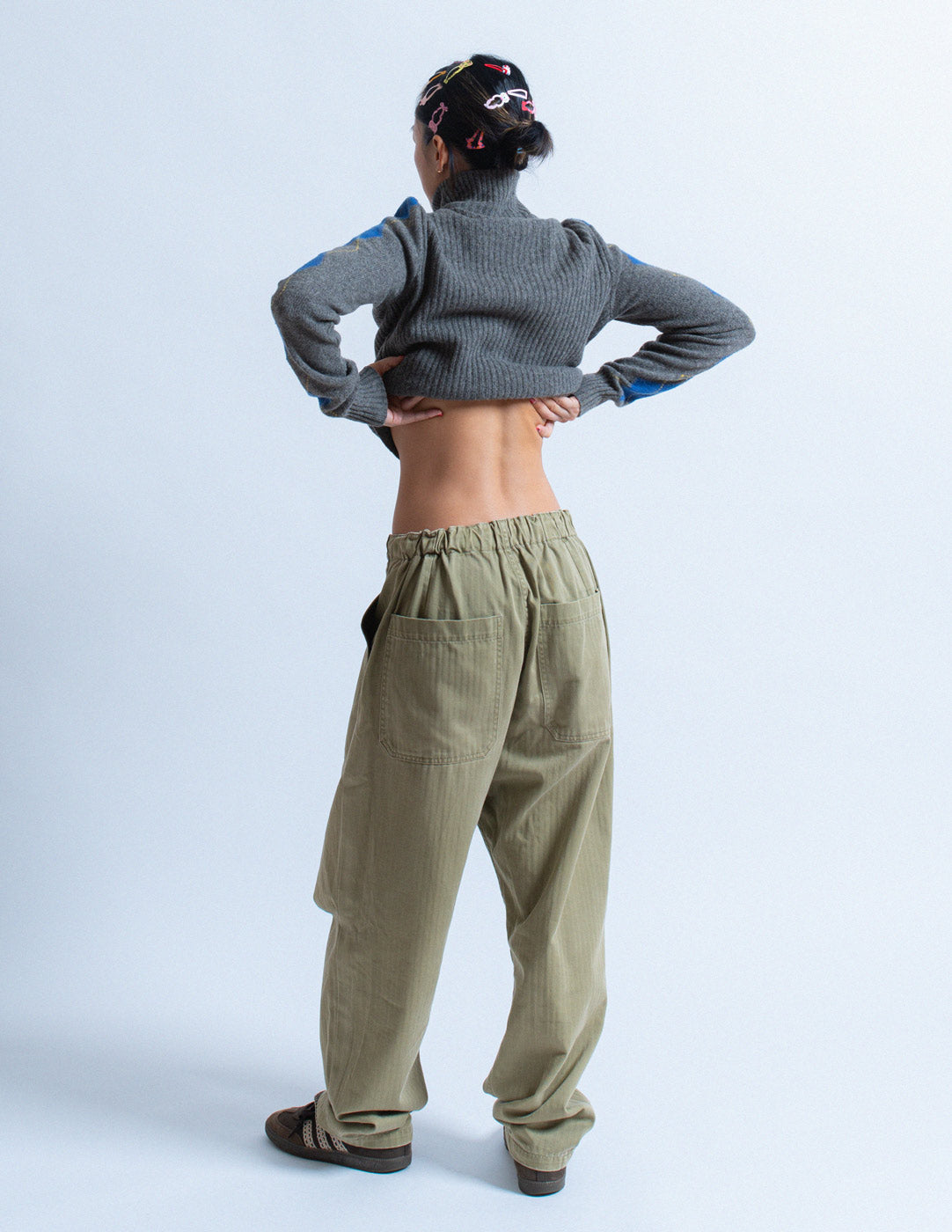 Kapital military green cargo pants back view