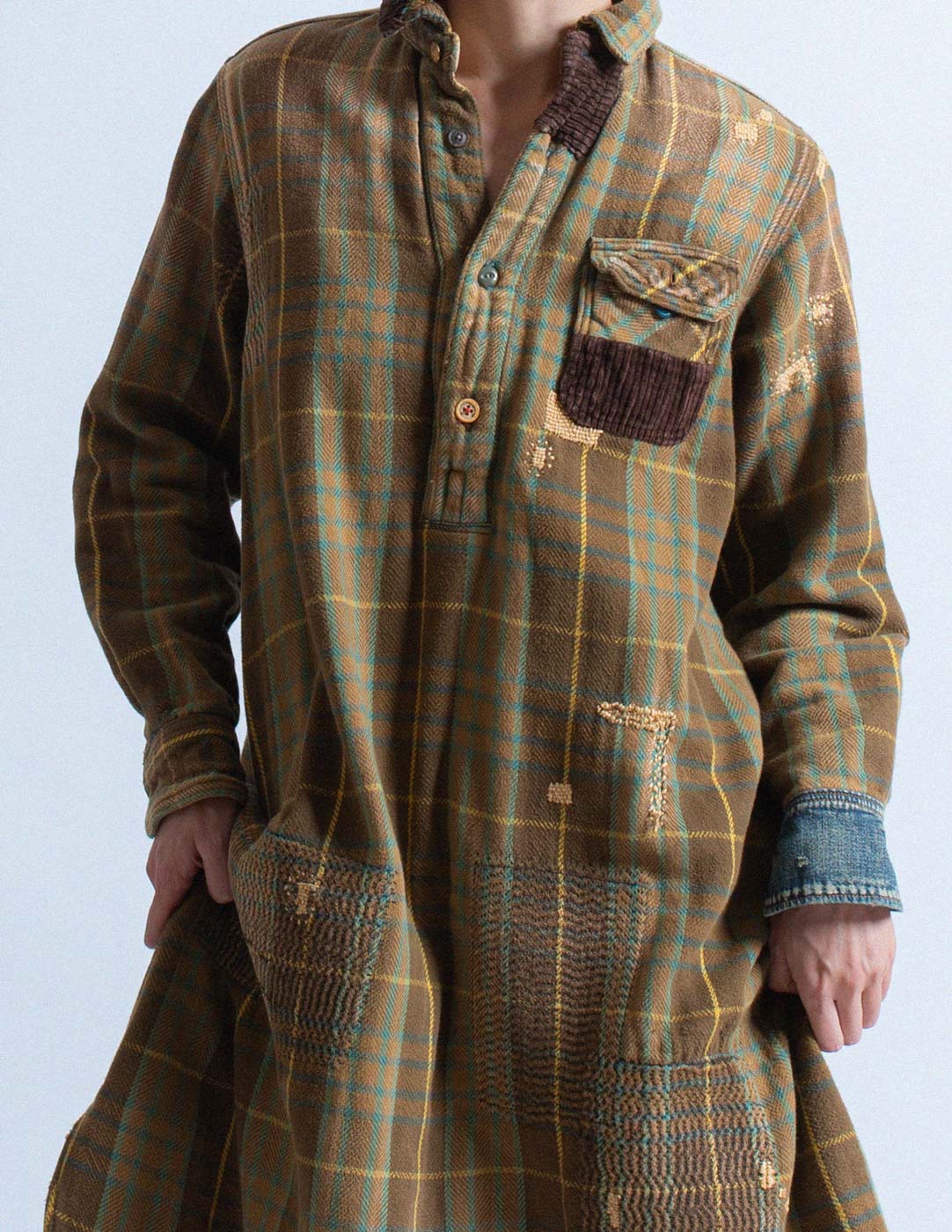 Kapital khaki green plaid patchwork long shirt detail