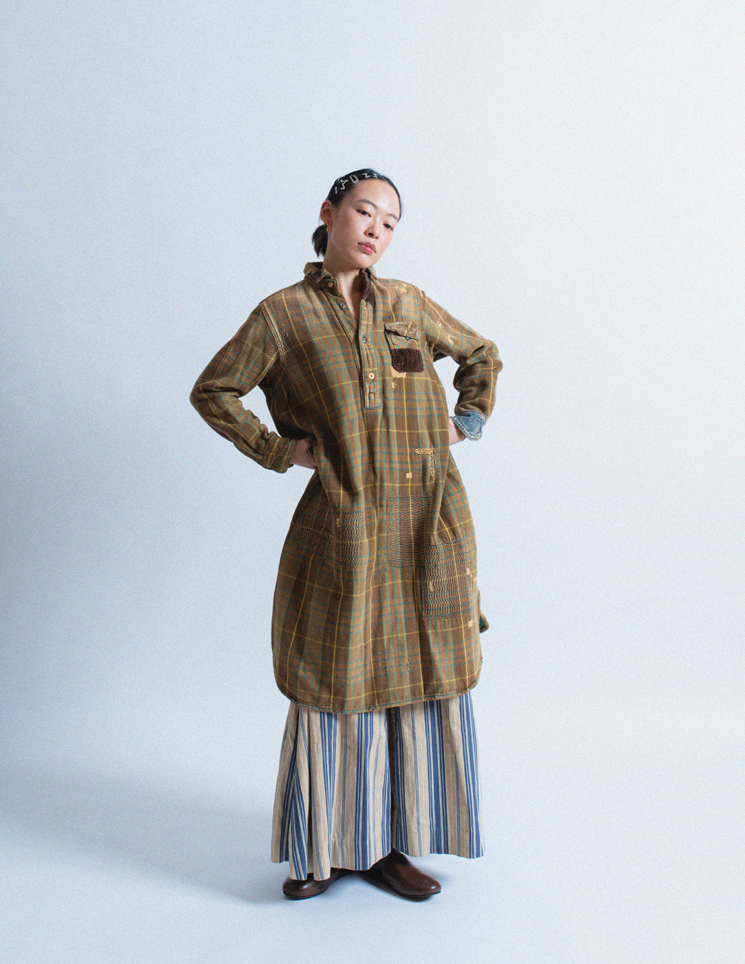 Kapital khaki green plaid patchwork long shirt