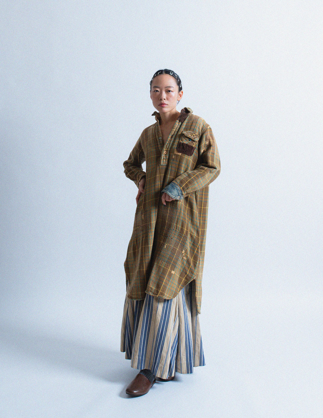 Kapital khaki green plaid patchwork long shirt