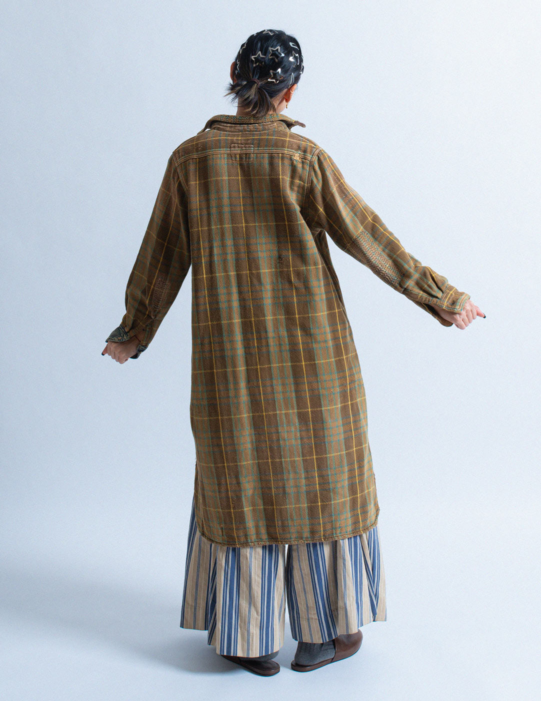 Kapital khaki green plaid patchwork long shirt back view