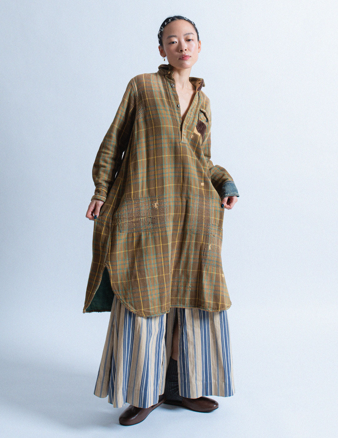 Kapital khaki green plaid patchwork long shirt