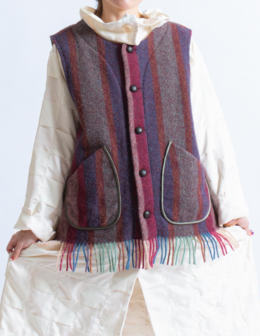 Kapital striped wool waist coat with fringes front detail