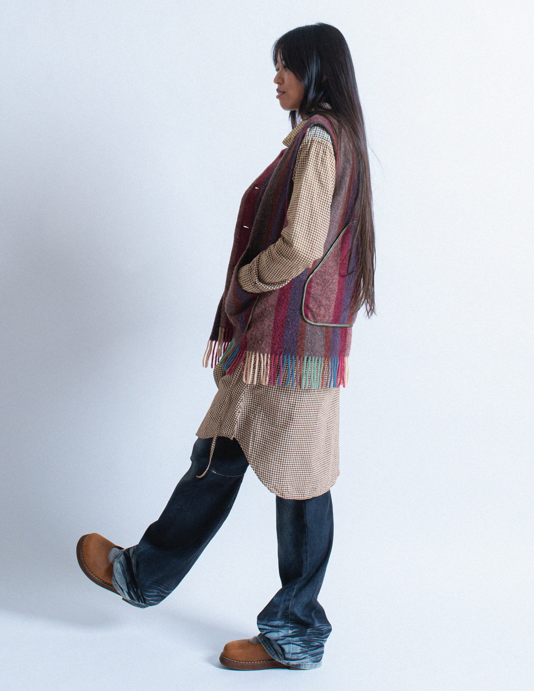 Kapital striped wool waist coat with fringes side view