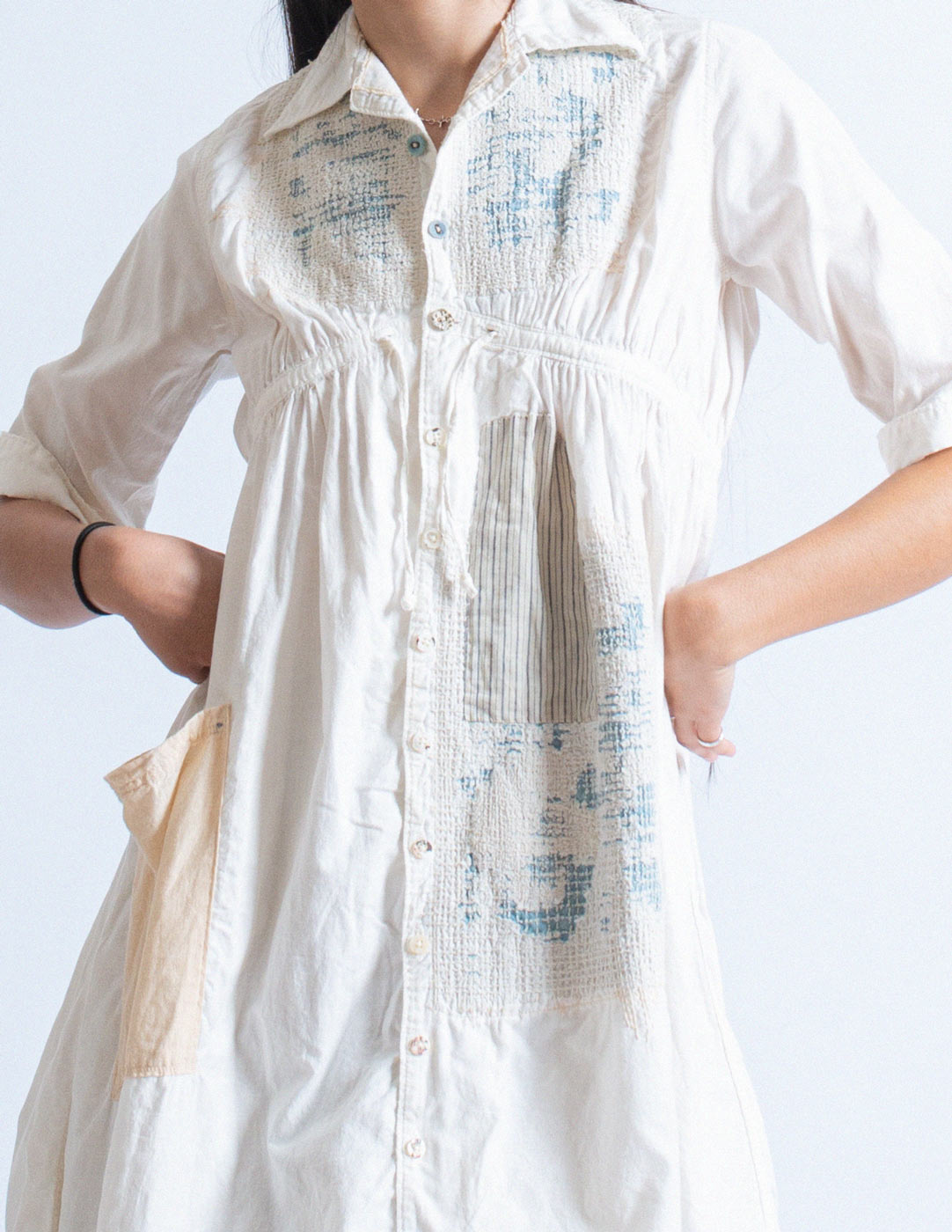 Kapital patchwork cotton shirt dress detail