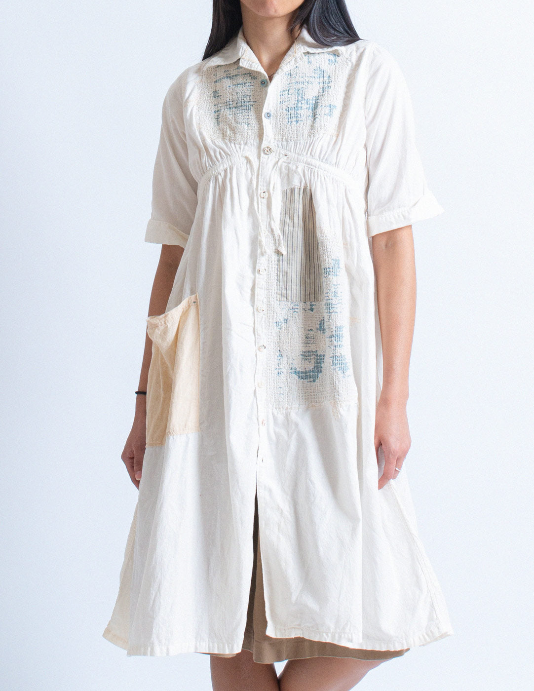 Kapital patchwork cotton shirt dress front detail