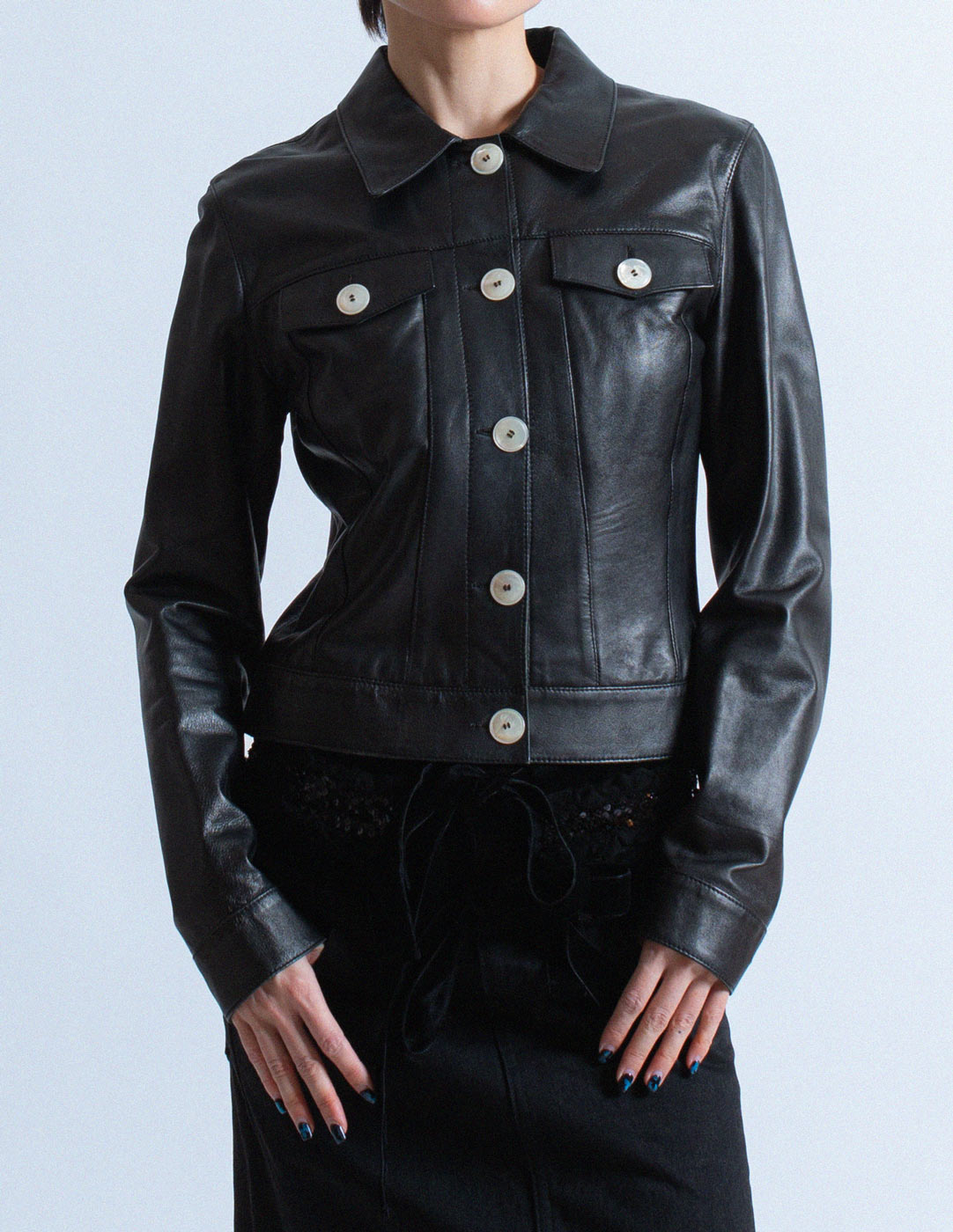 Gianfranco Ferré vintage black cropped leather jacket detail