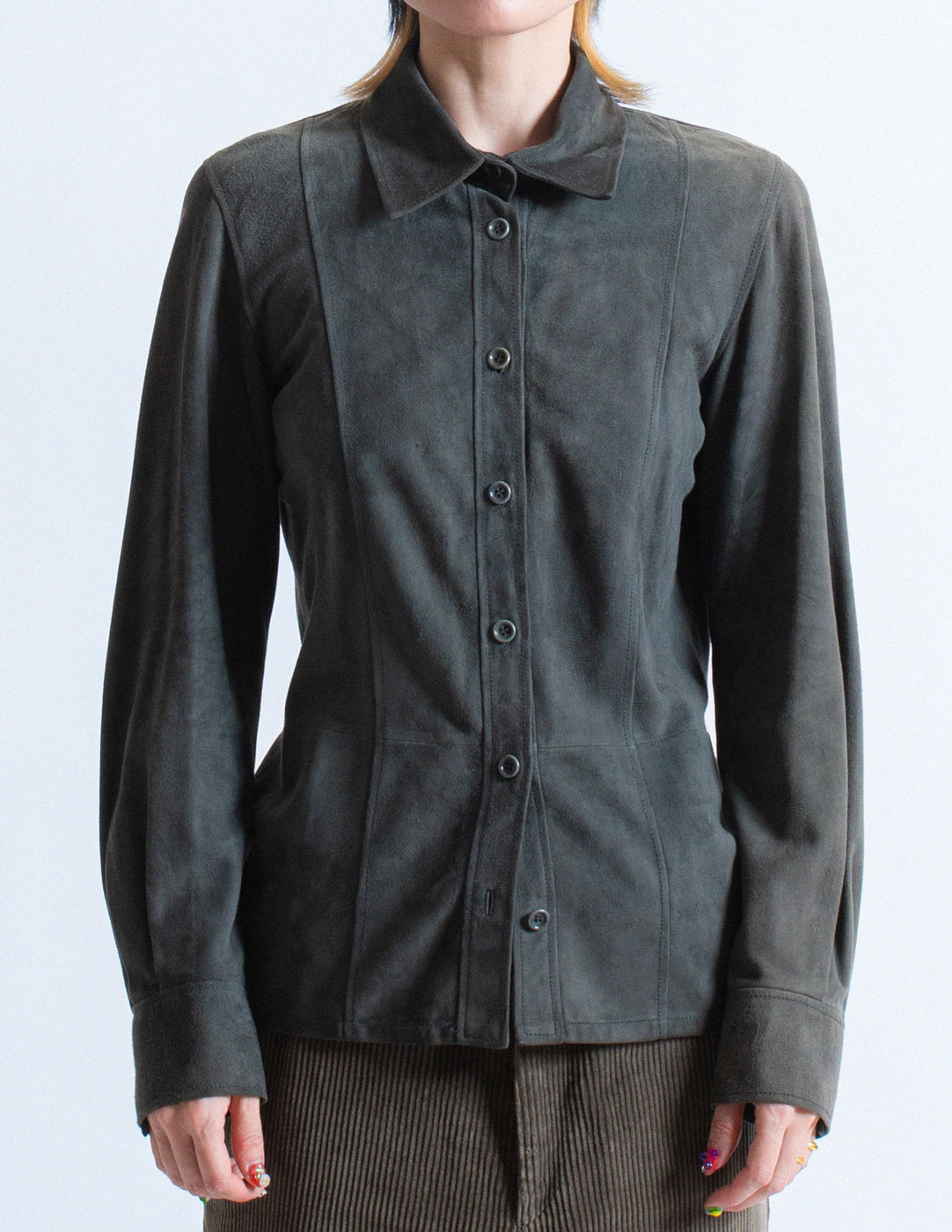 Loewe vintage charcoal suede leather shirt front detail