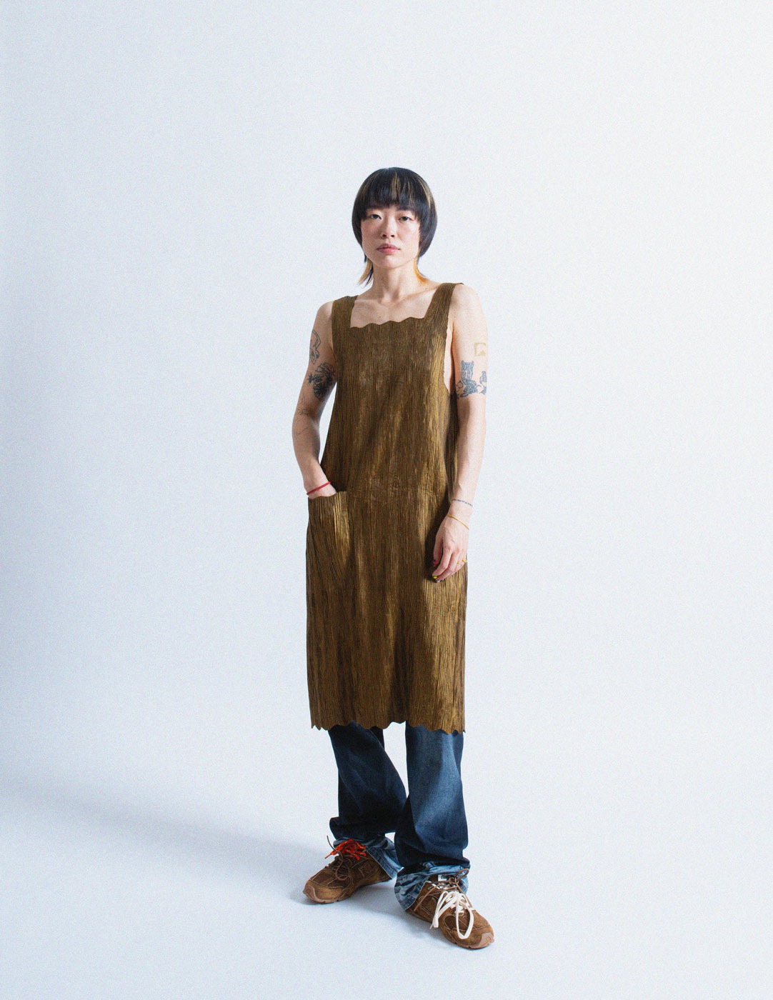 Issey Miyake bronze pleated apron dress
