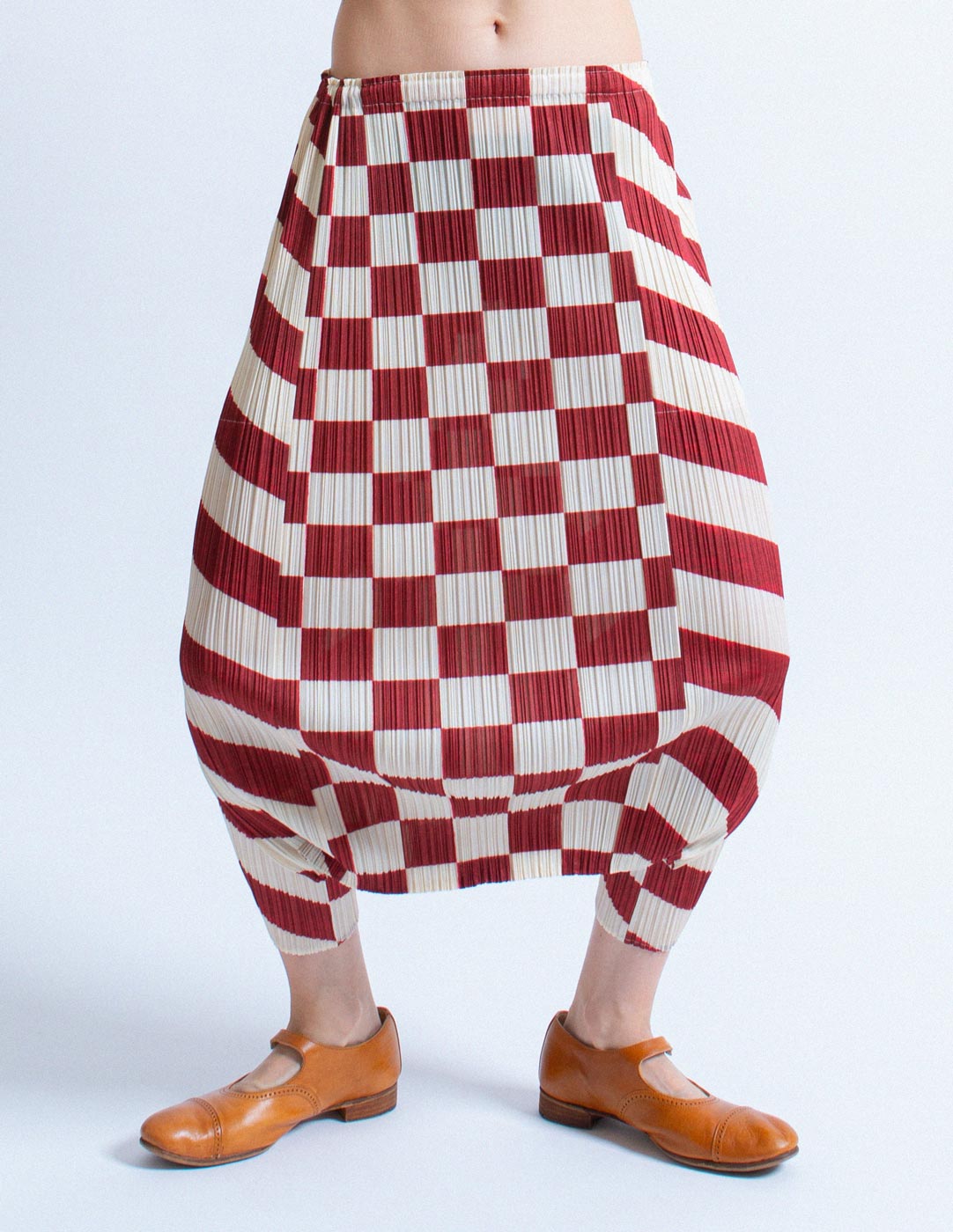 Pleats Please vintage red and white checkered harem front detail