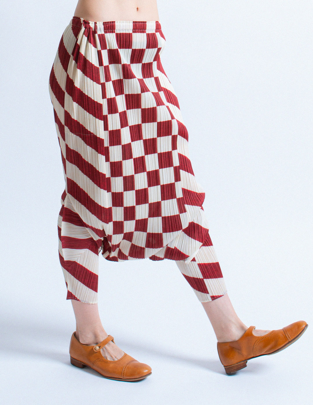 Pleats Please vintage red and white checkered harem side detail