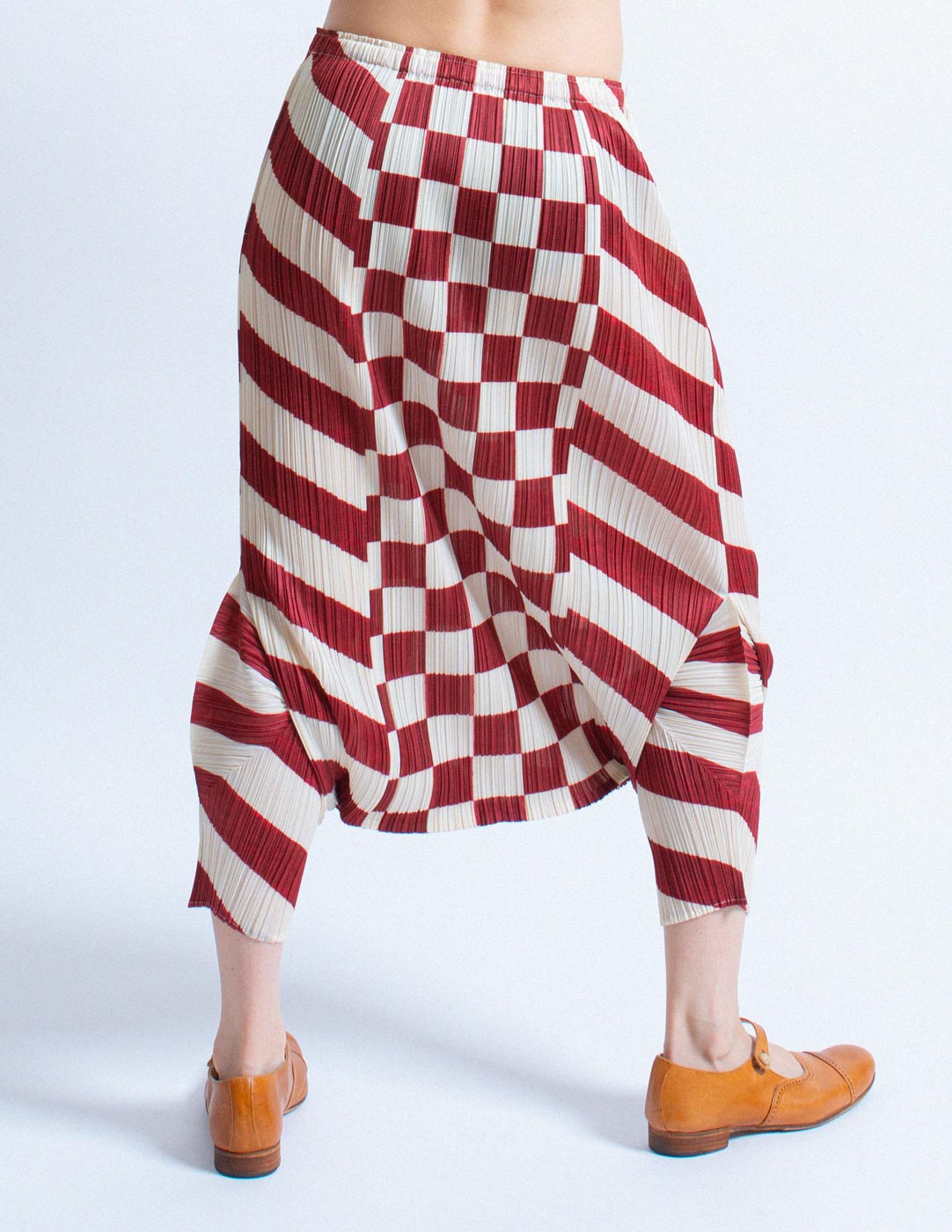 Pleats Please vintage red and white checkered harem back detail