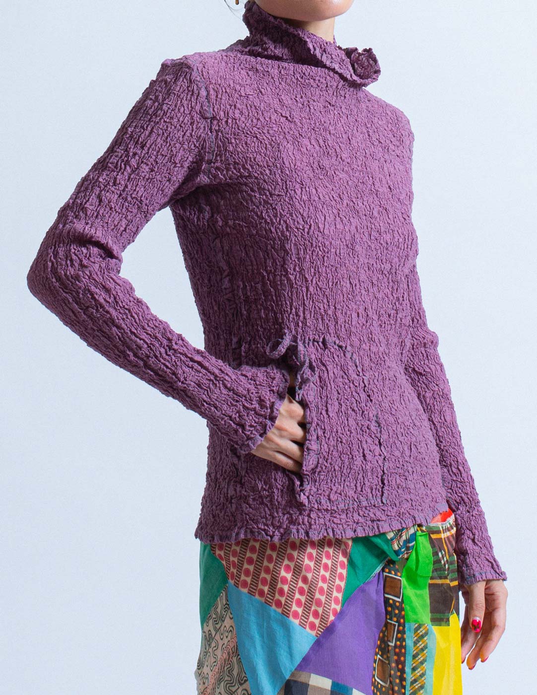 Issey Miyake purple crinkled long sleeved top front detail