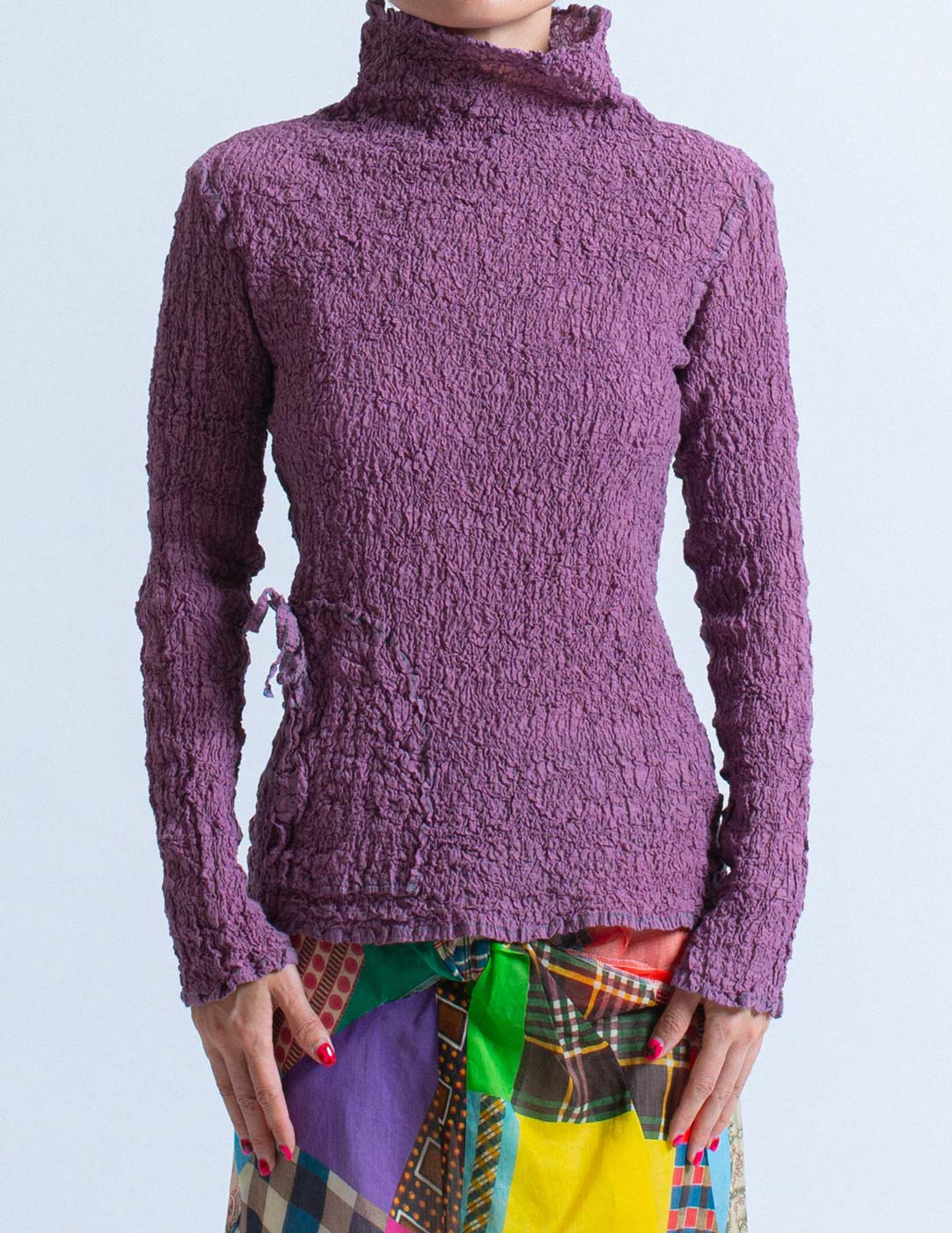 Issey Miyake purple crinkled long sleeved top front detail