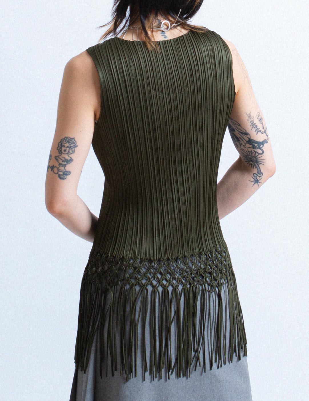 Pleats Please olive green pleated tank with woven tassels back detail
