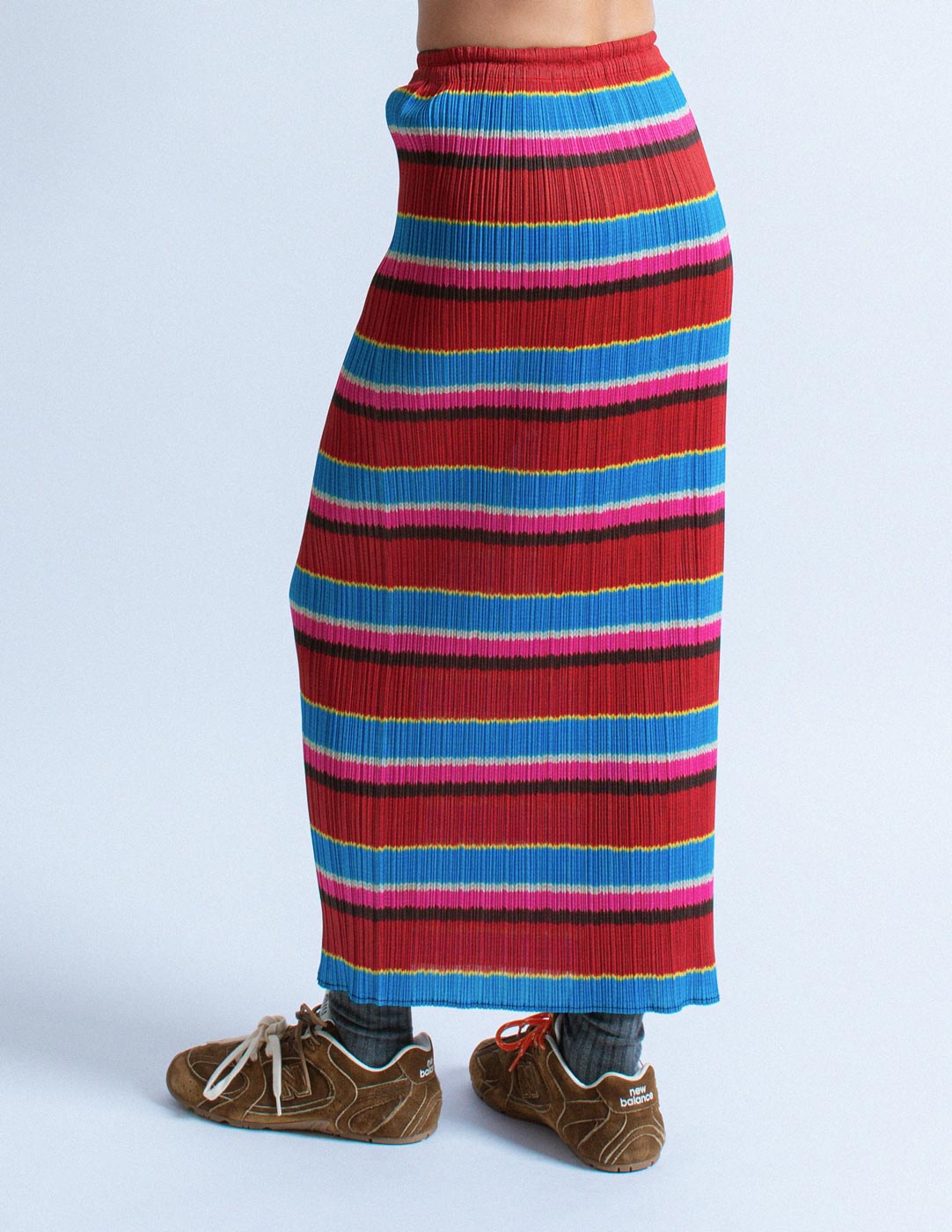 Pleats Please multi-color stripe pleated skirt back detail