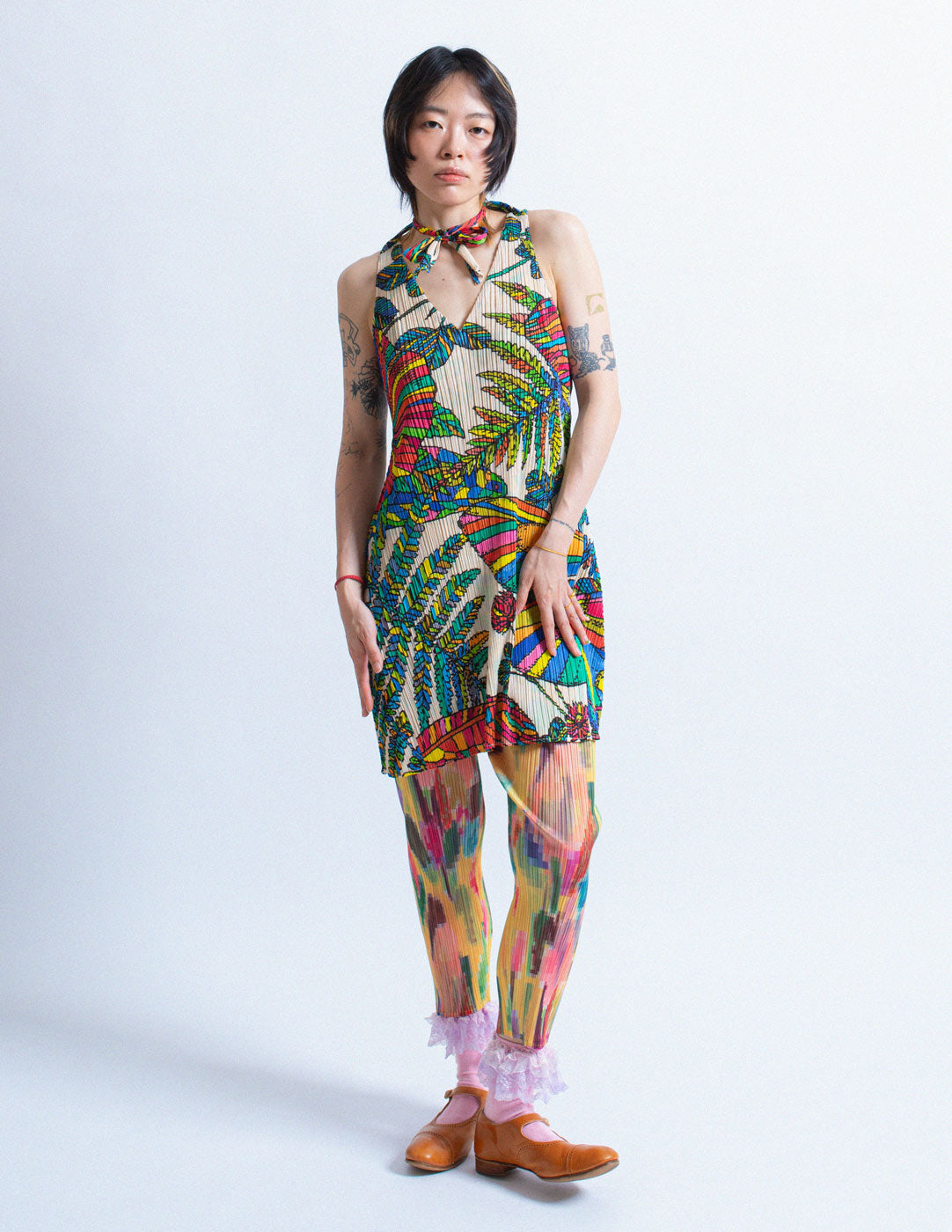 Pleats Please vintage pleated tropical illustration dress