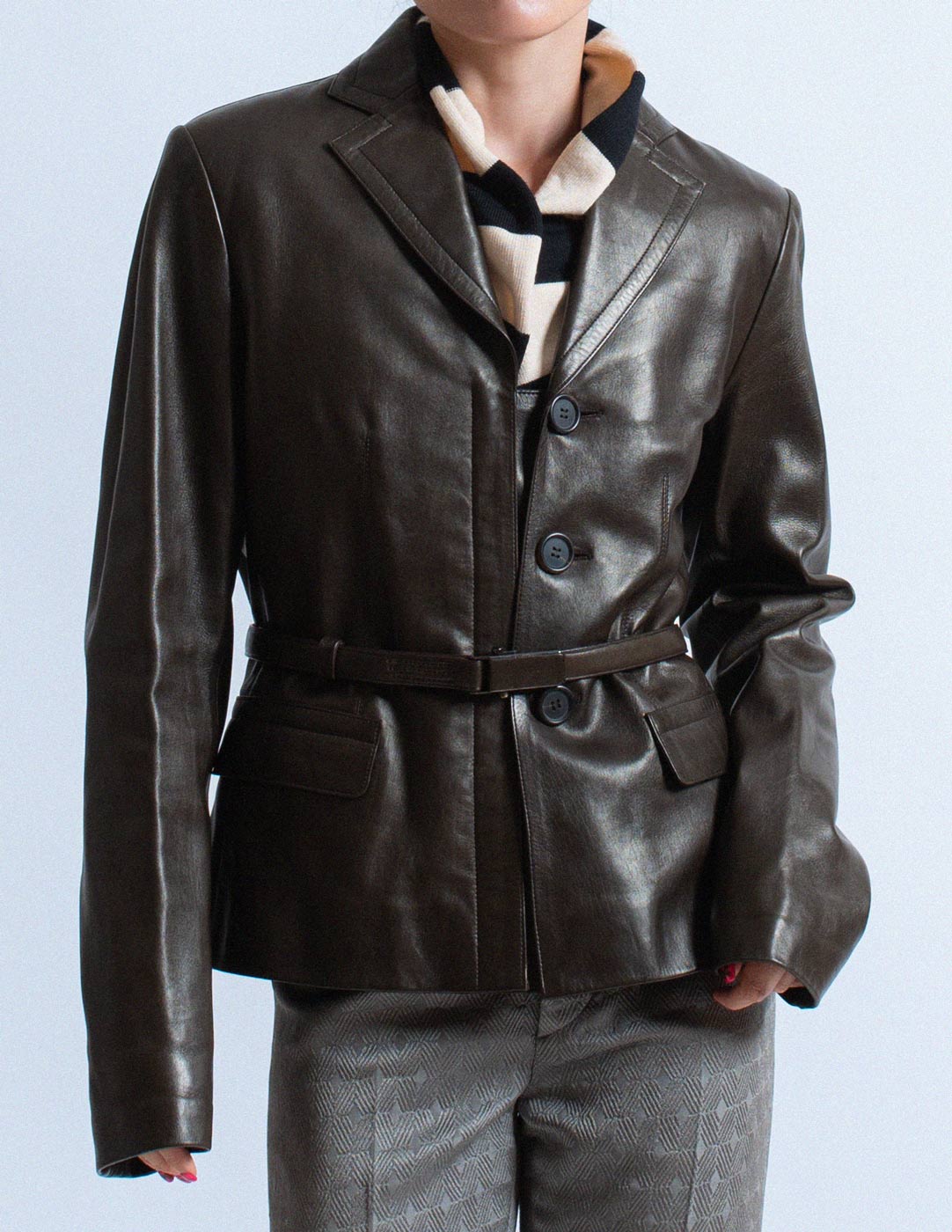 Prada dark chocolate leather blazer with belt front detail