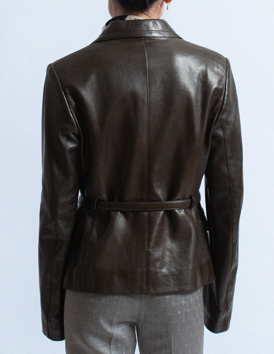 Prada dark chocolate leather blazer with belt back detail