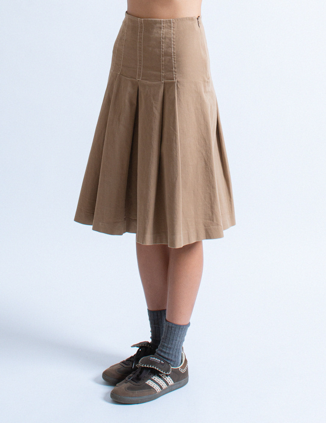 Prada khaki pleated cotton skirt side detail