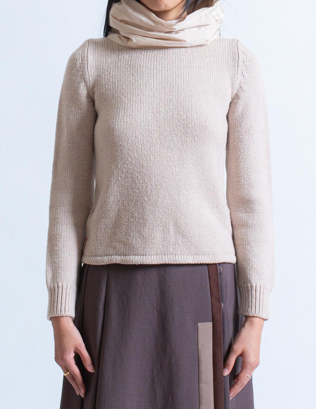 Prada puffy nylon turtleneck wool sweater front detail