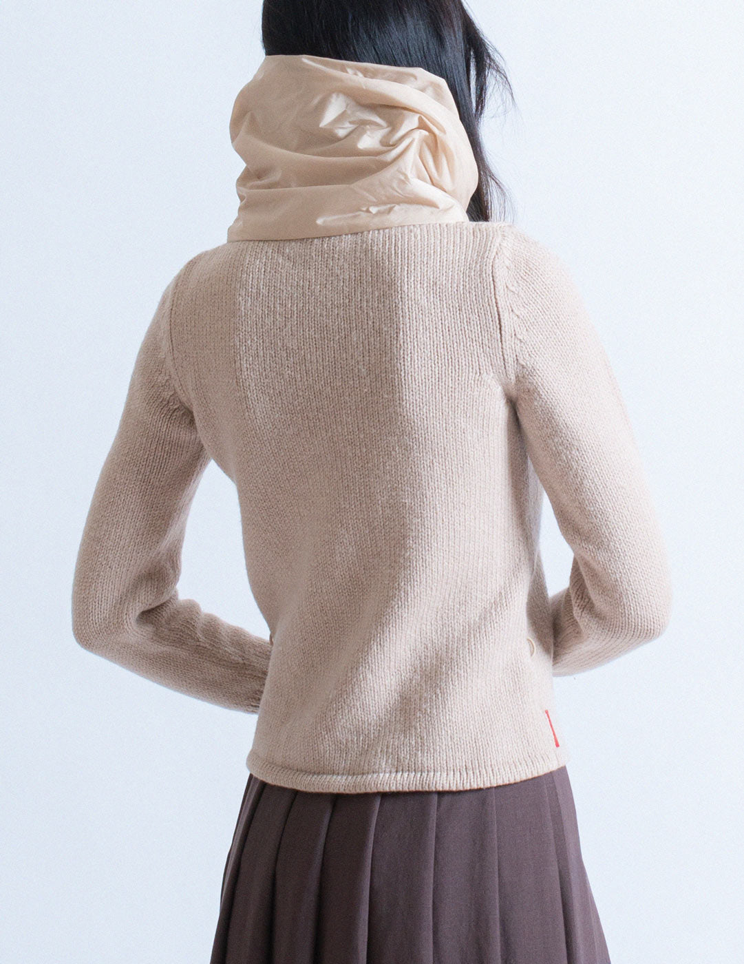 Prada puffy nylon turtleneck wool sweater back detail