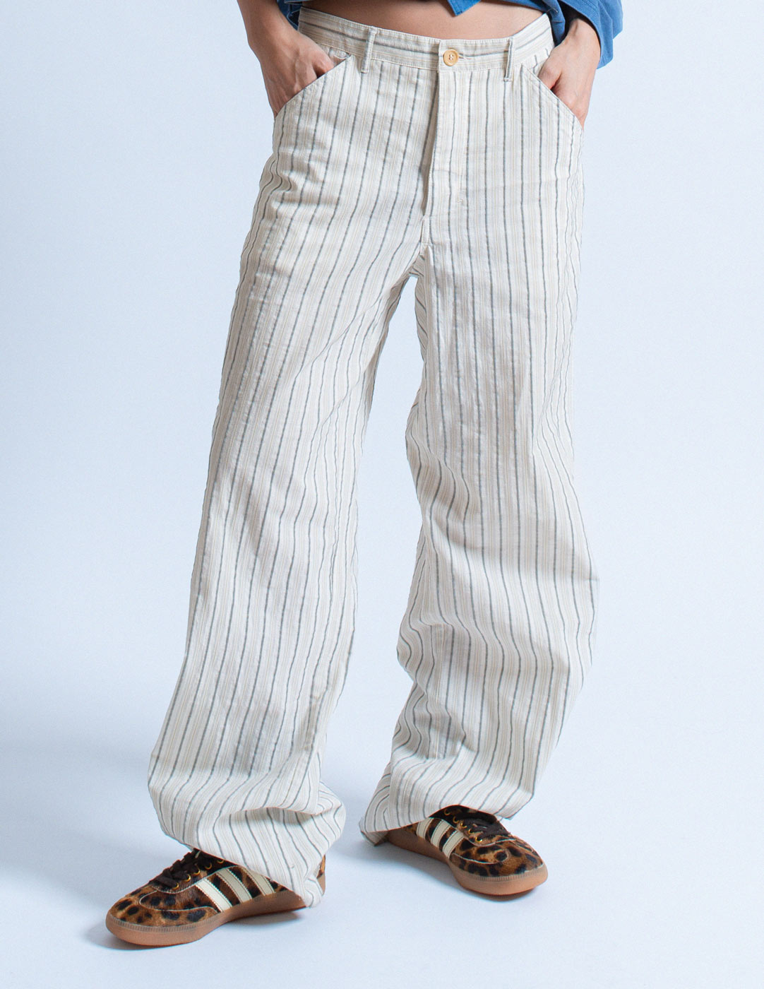 Prada pinstriped cotton pants front detail