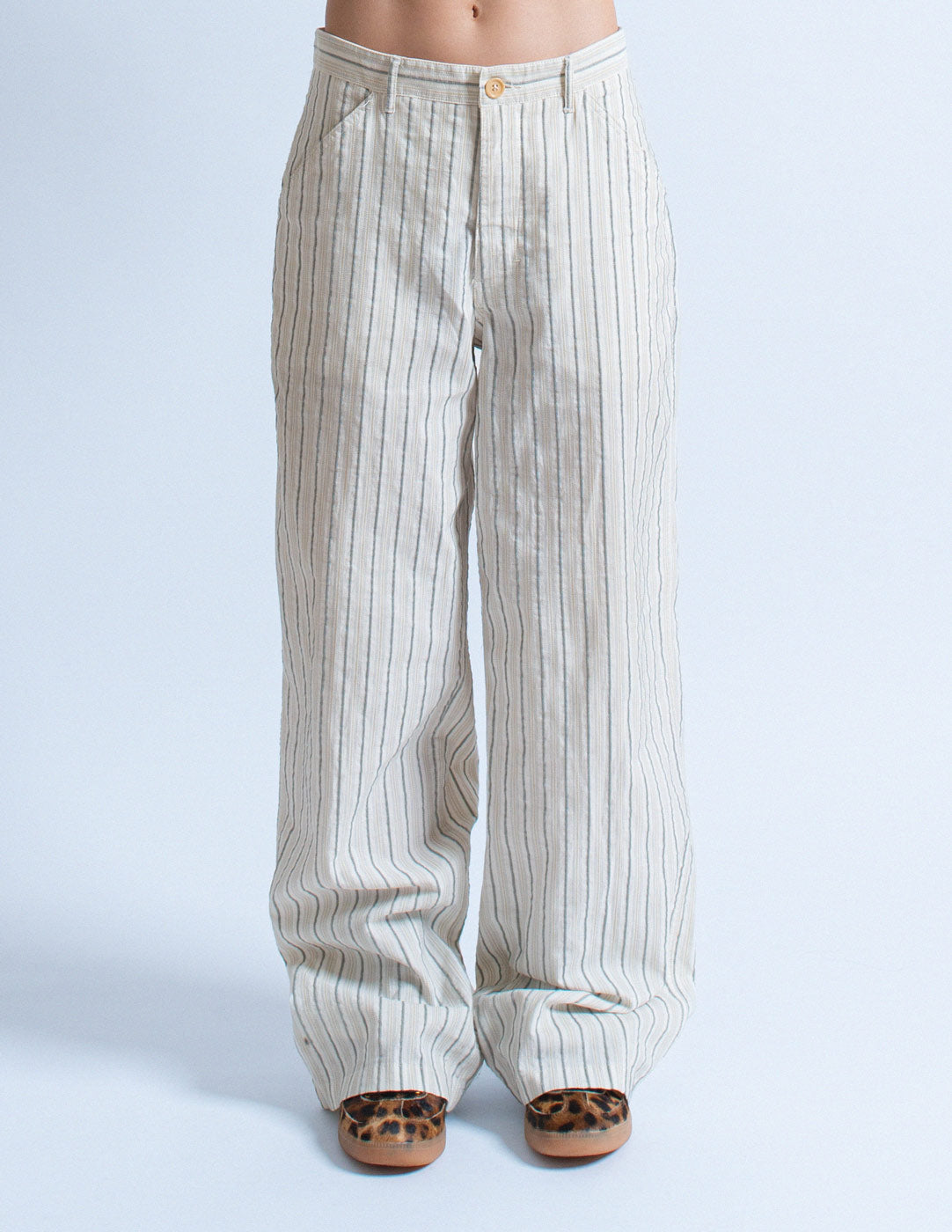 Prada pinstriped cotton pants front detail