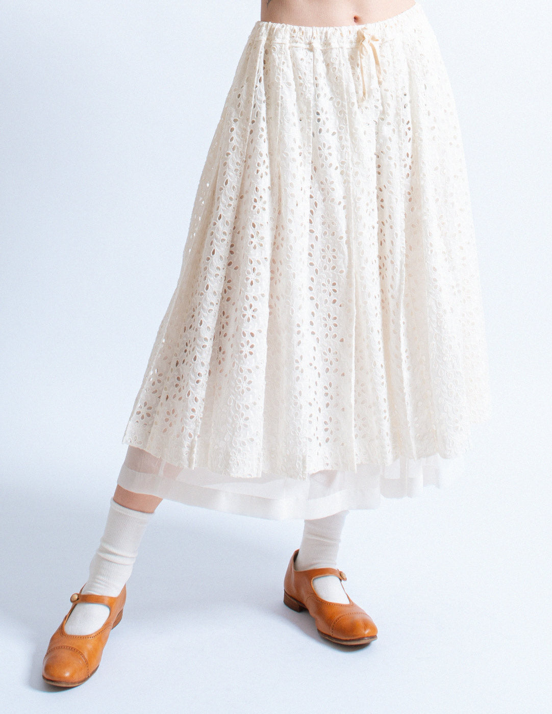 Comme des Garçons tricot white cotton eyelet layered skirt front detail