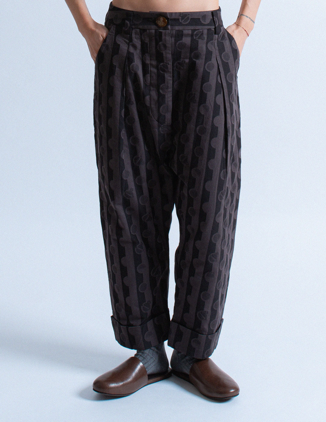 Vivienne Westwood circle and stripe patterned harem cotton trousers front detail