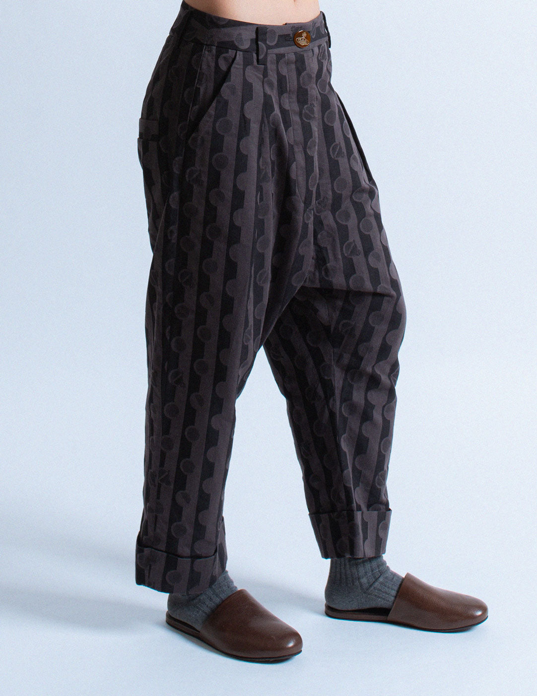 Vivienne Westwood circle and stripe patterned harem cotton trousers side detail