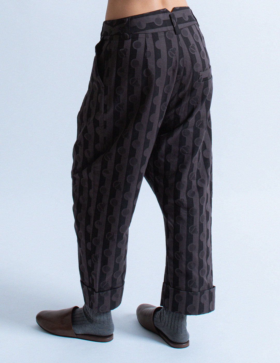 Vivienne Westwood circle and stripe patterned harem cotton trousers back detail