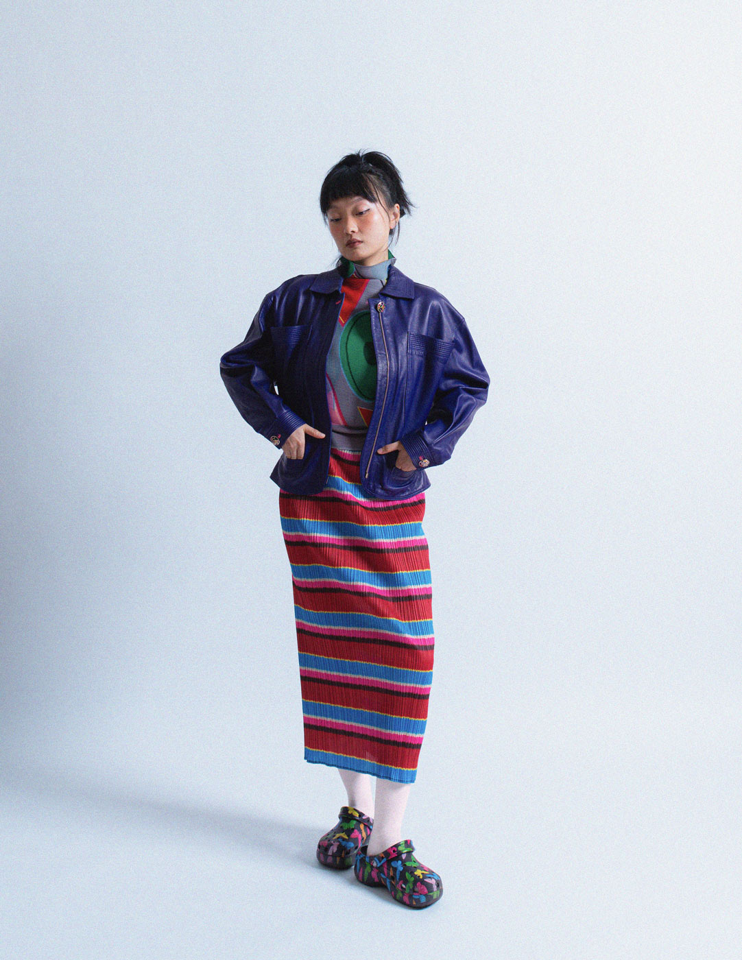 Pleats Please multi-color stripe pleated skirt