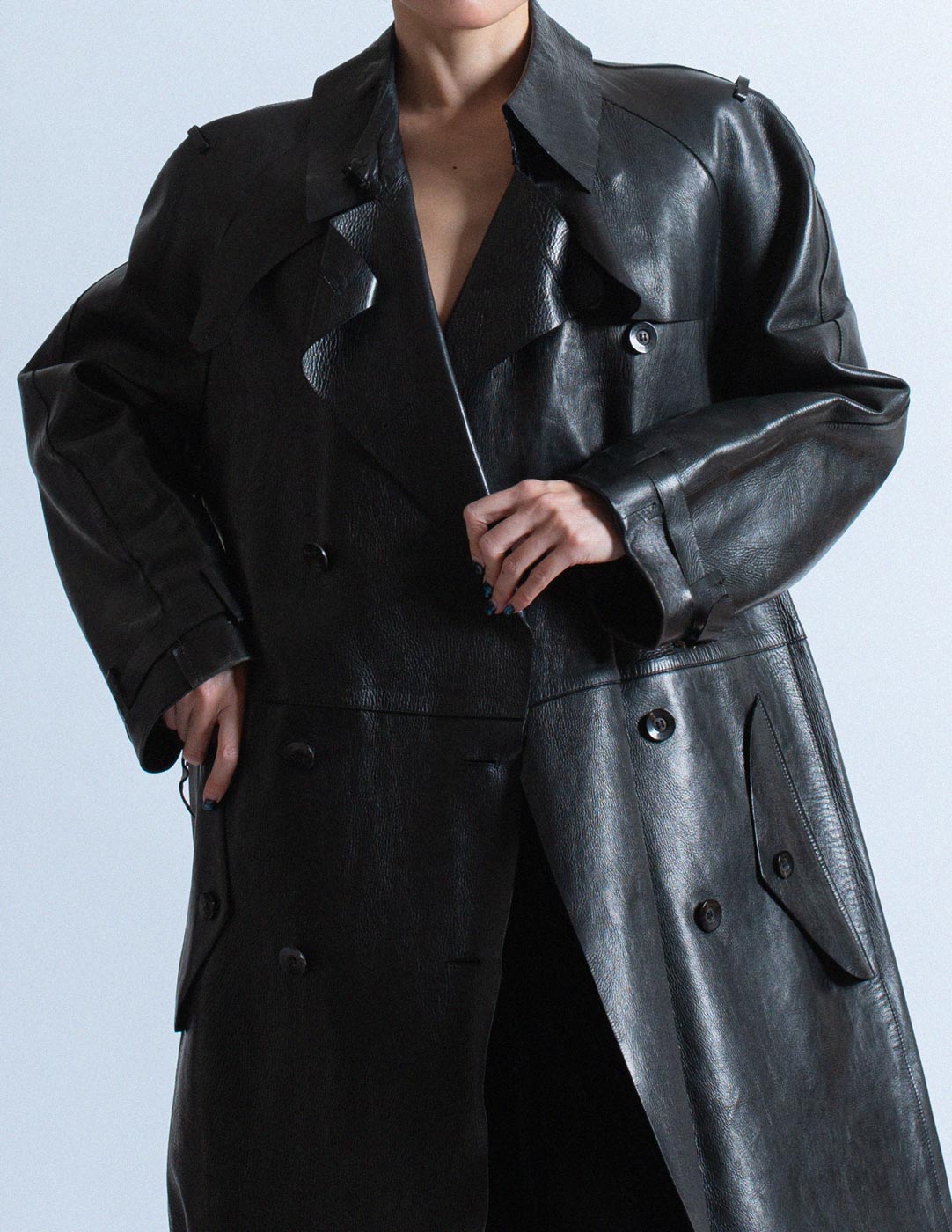 Gucci vintage black leather trench coat detail