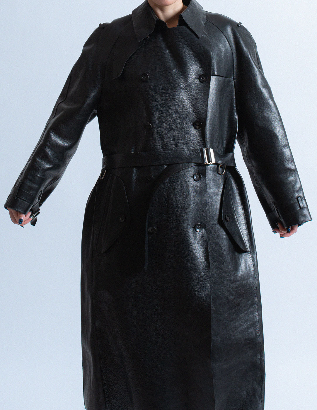 Gucci vintage black leather trench coat front detail