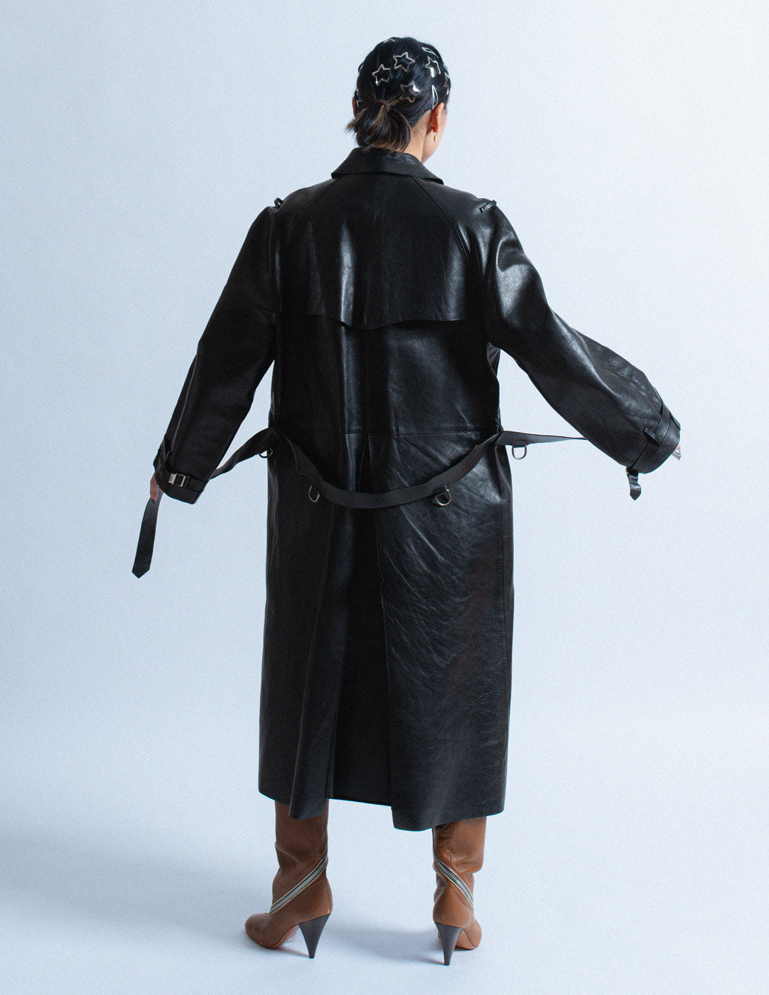 Gucci vintage black leather trench coat back view