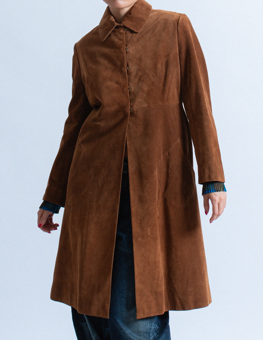 Alaïa brown suede coat front detail