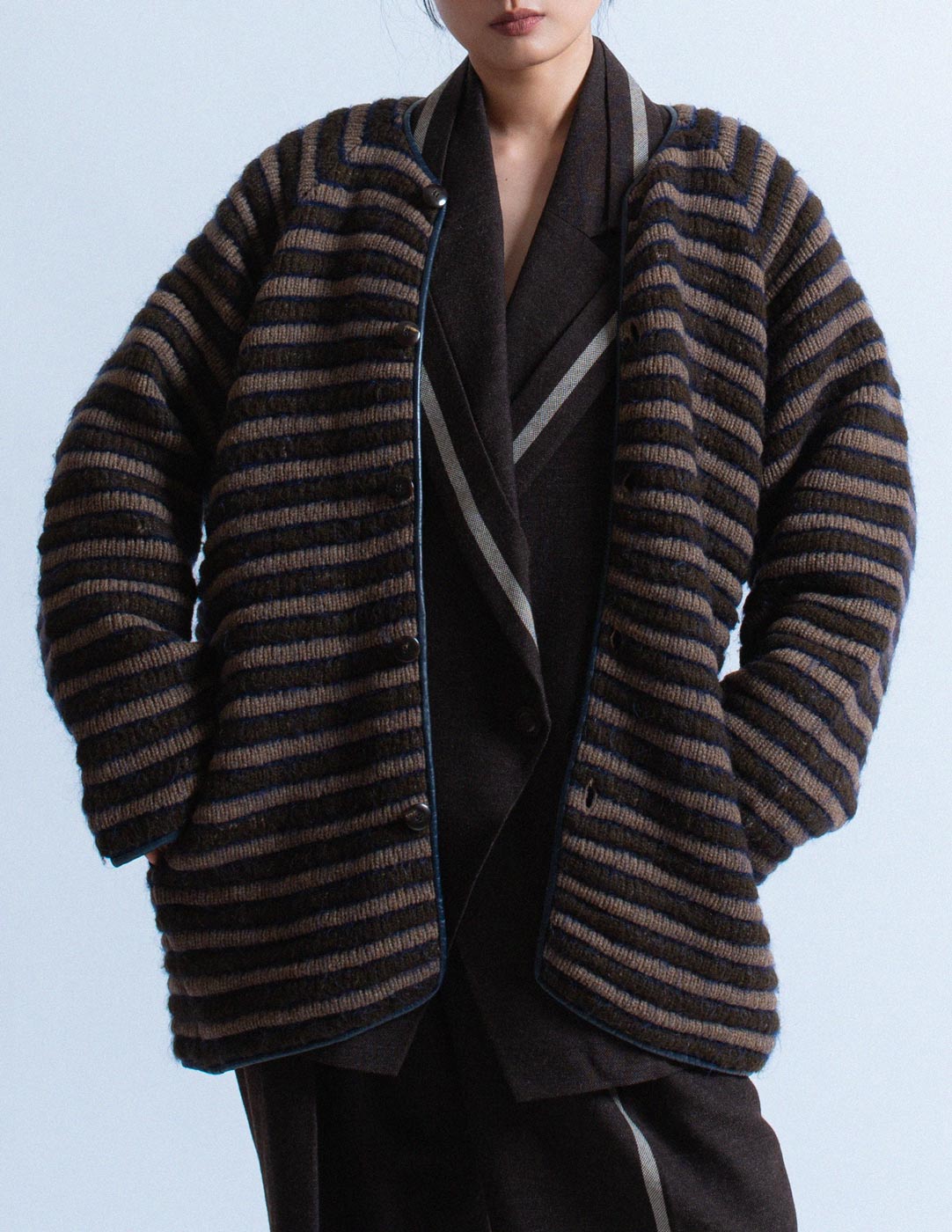 Issey Miyake vintage striped chunky wool knit jacket detail