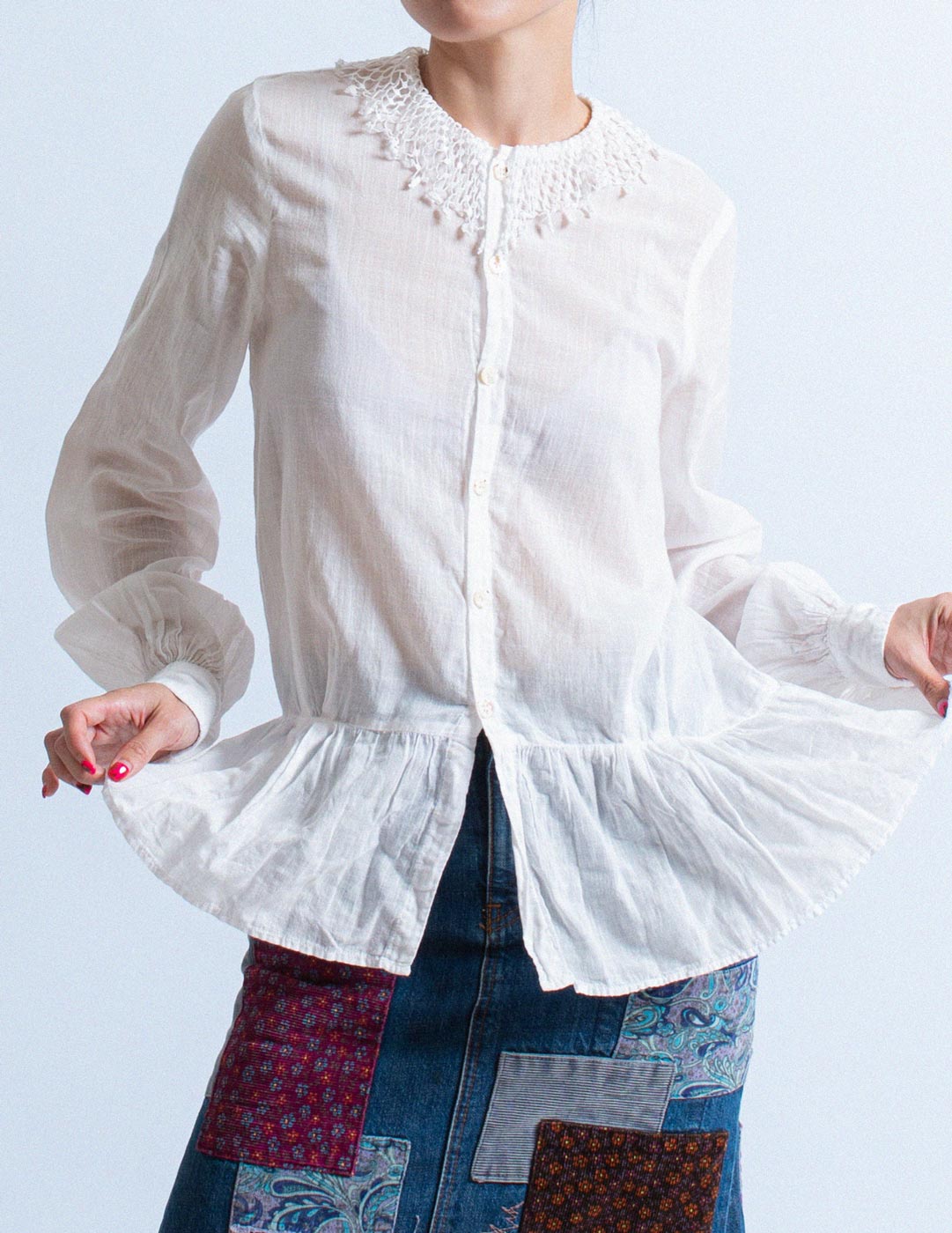 Kapital cotton linen shirt with crochet collar front detail