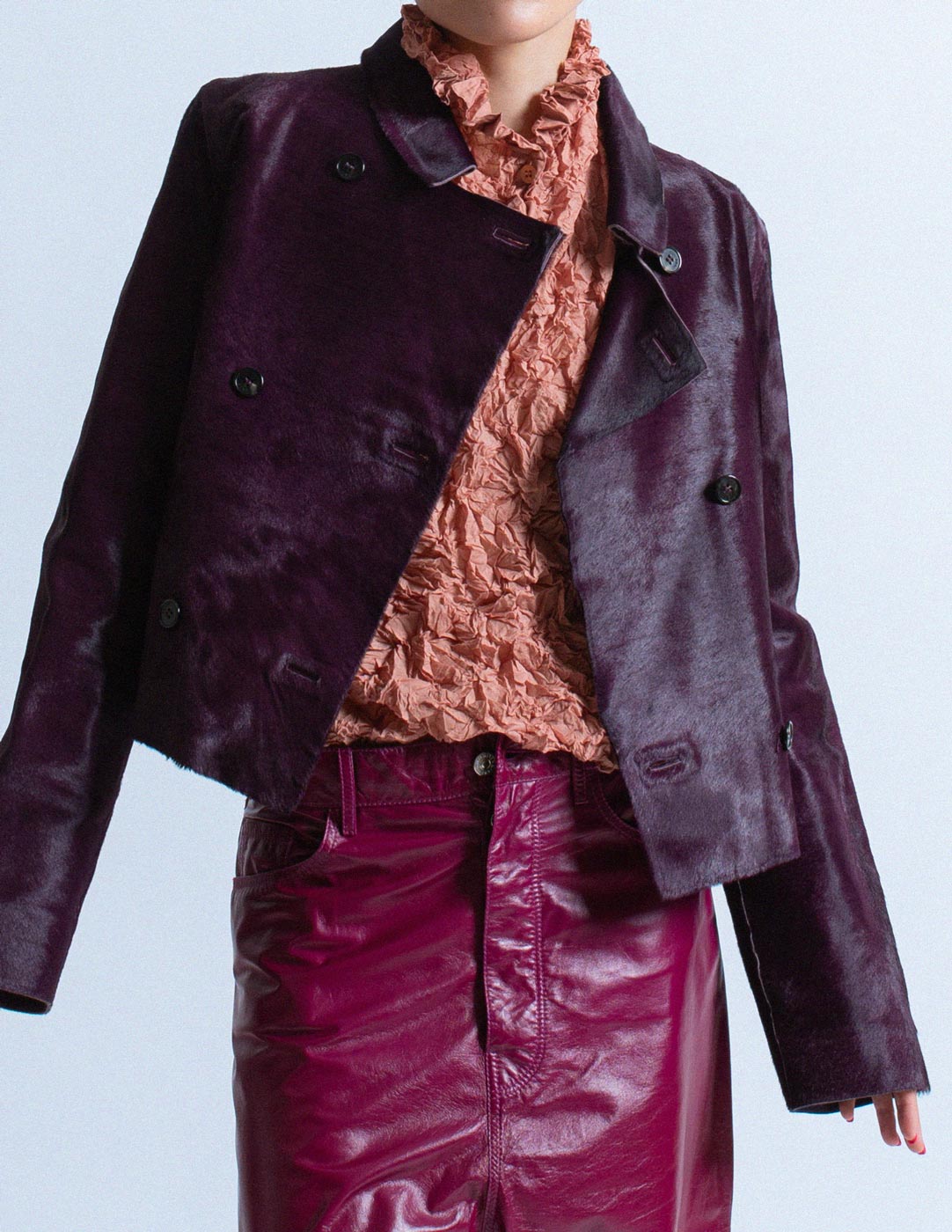 Loewe vintage dark plum pony hair leather jacket detail