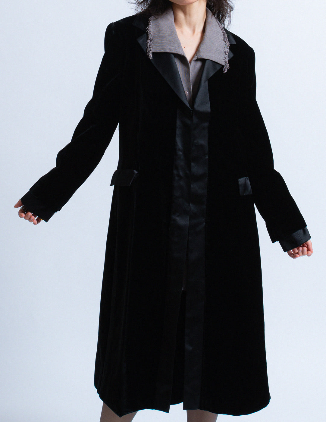 Blumarine black velvet coat with satin trim front detail