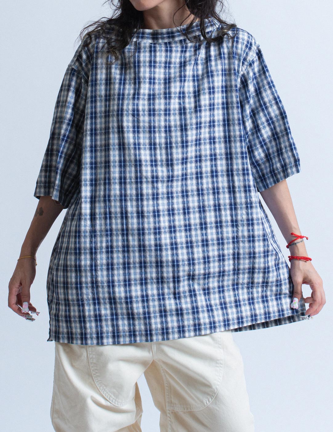 Comme des Garçons blue plaid cotton top front detail
