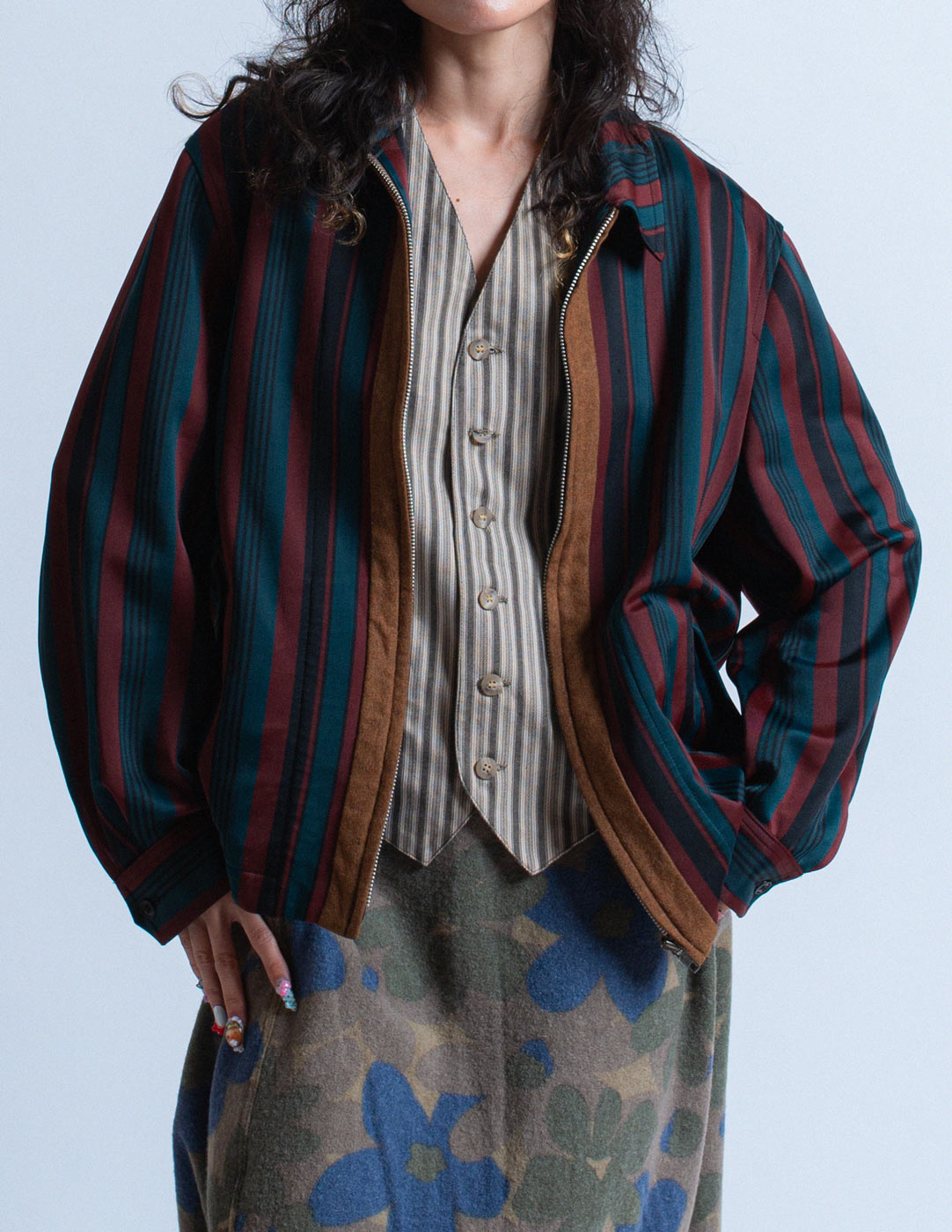 Comme des Garçons Homme burgundy green striped zip up satin jacket 