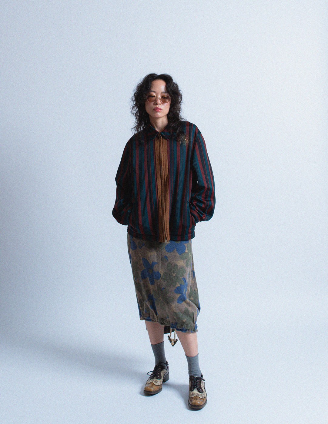 Comme des Garçons Homme burgundy green striped zip up satin jacket 