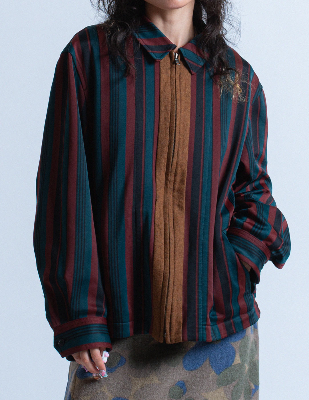 Comme des Garçons Homme burgundy green striped zip up satin jacket detail