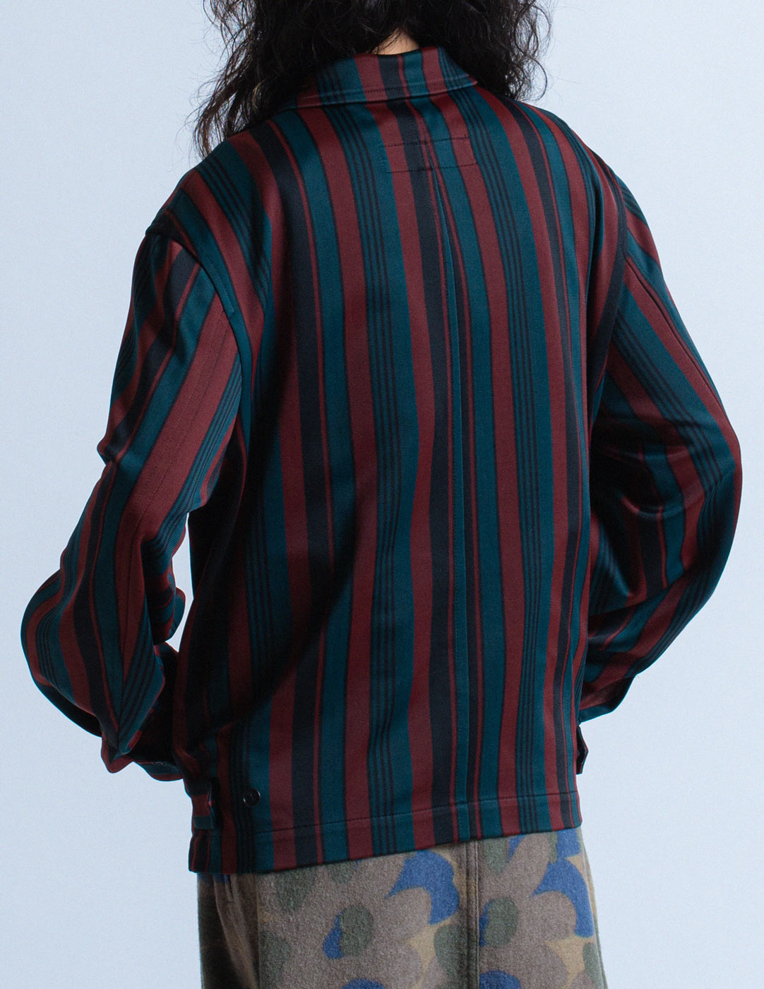 Comme des Garçons Homme burgundy green striped zip up satin jacket back detail