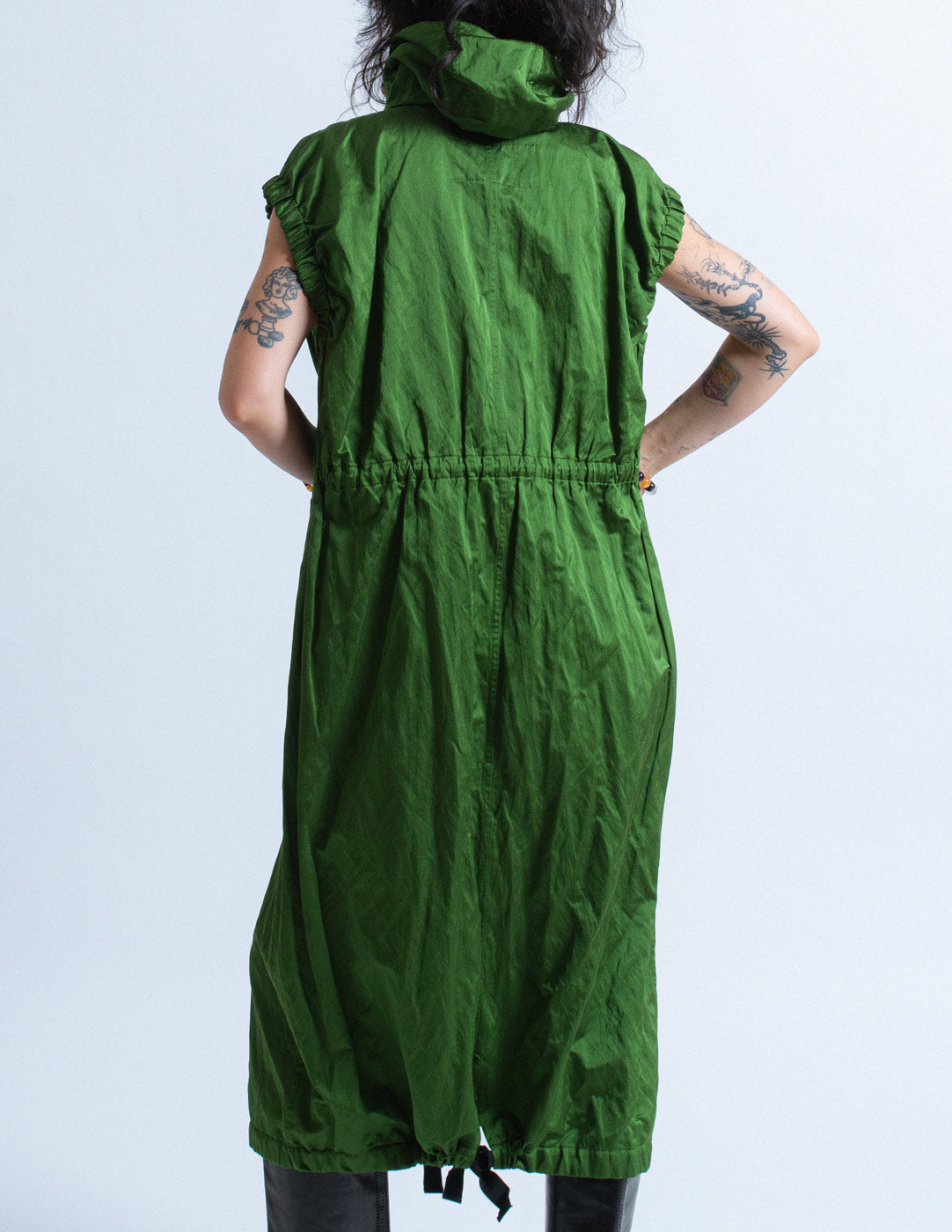 Dries Van Noten green crinkled dress jacket with hood back detail