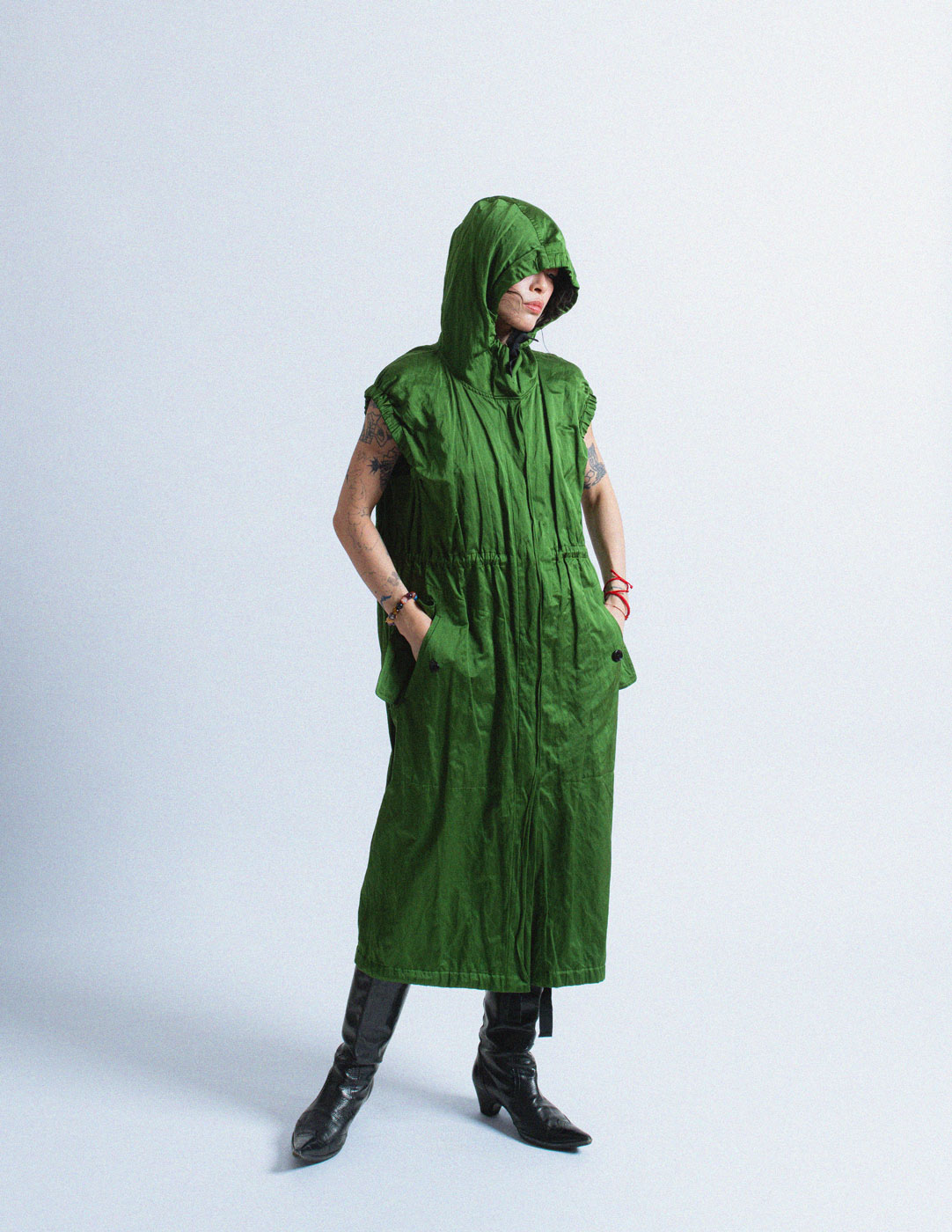 Dries Van Noten green crinkled dress jacket with hood