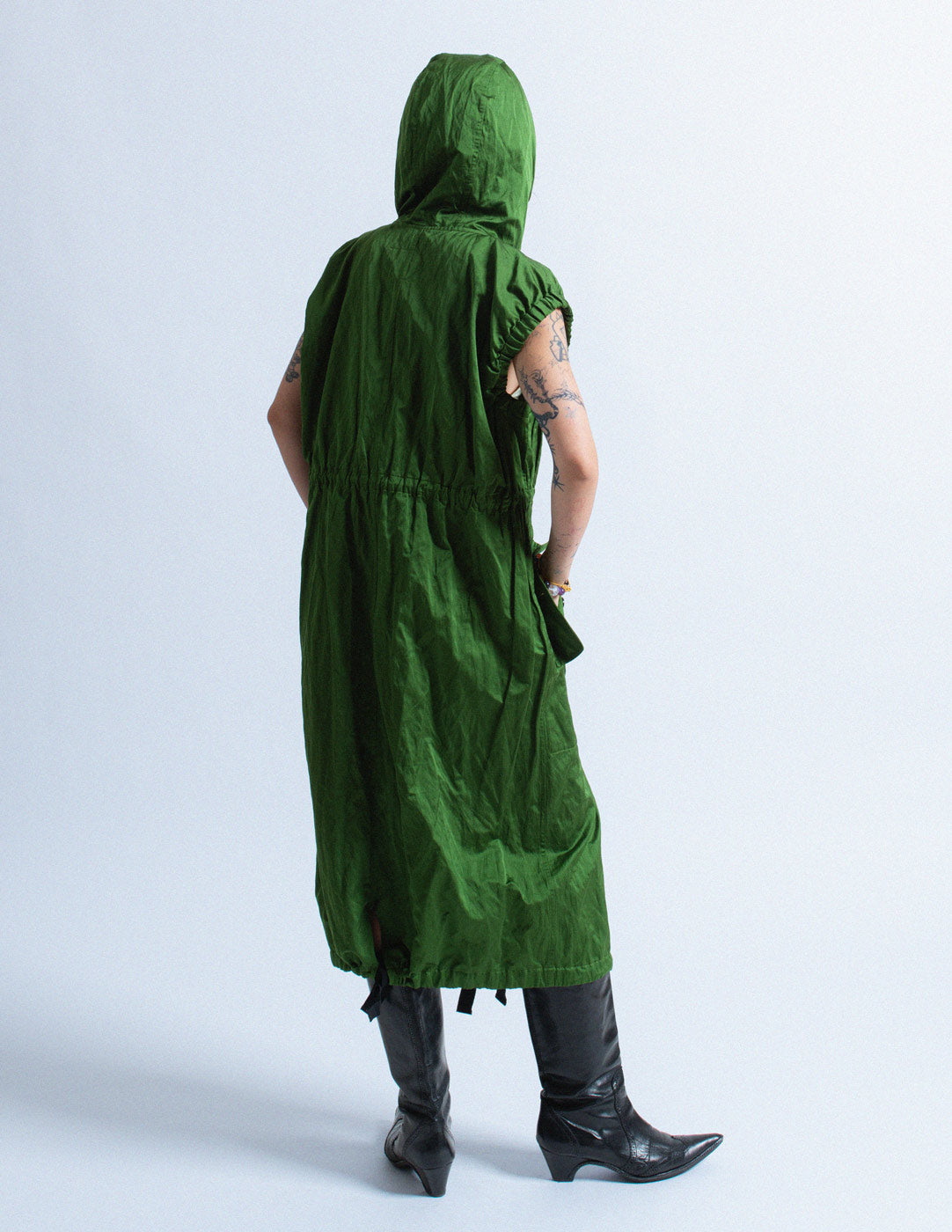 Dries Van Noten green crinkled dress jacket with hood back view